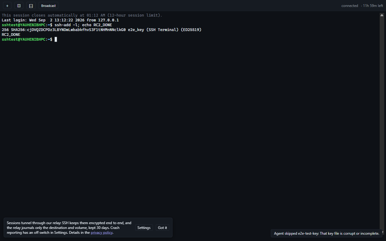 A forwarded agent listing the available identities