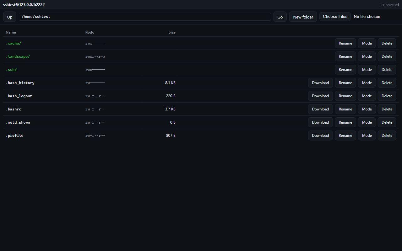 The file browser listing a remote directory over SFTP